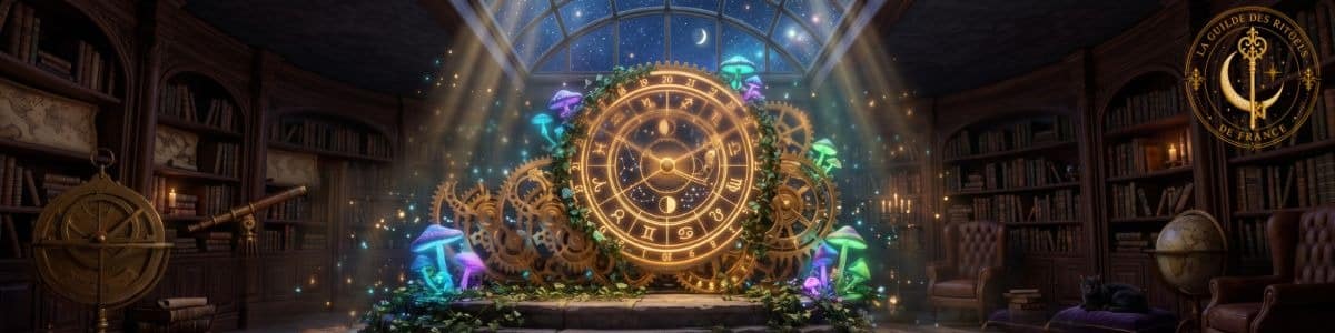 Bannière féerique montrant un mécanisme astrologique doré entouré de lianes lumineuses et d'étoiles dans une bibliothèque mystique.