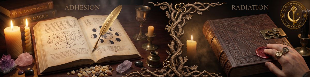 Bannière symbolisant le processus d'adhésion et les règles de radiation de la Guilde des Rituels de France, avec une clé dorée et un sceau de cire.