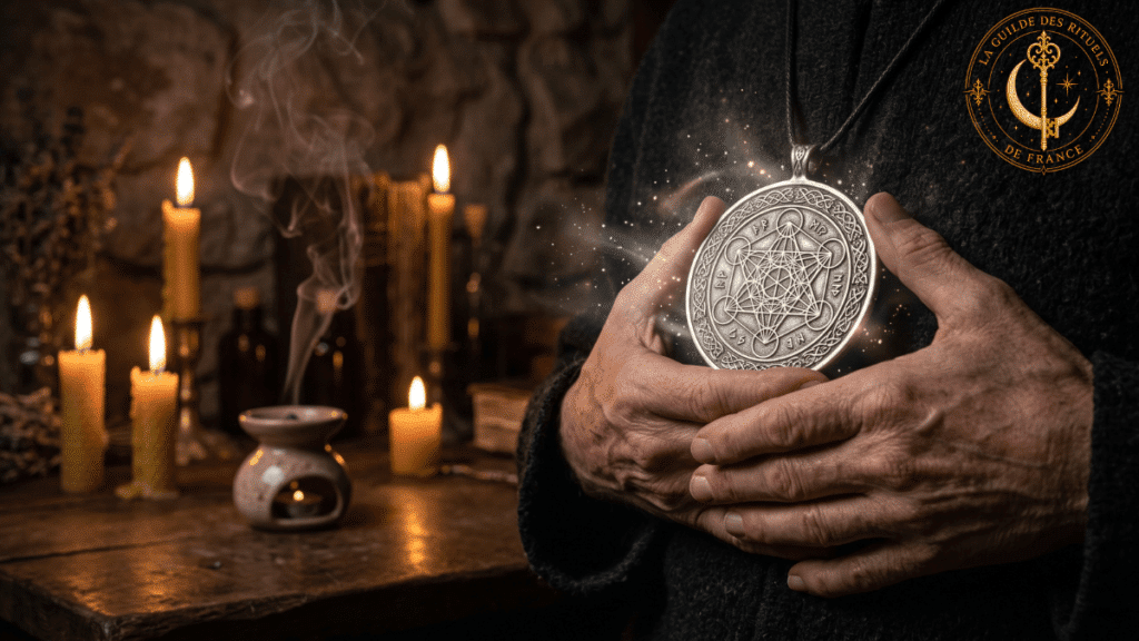 Consécration des amulettes rituel de fixation du sceau de protection et souffle sacré sur médaillon