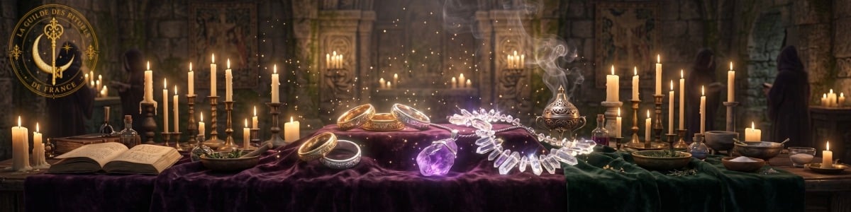 Bannière féerique montrant des bijoux sacrés en or et argent posés sur un autel en velours illuminé à la bougie.