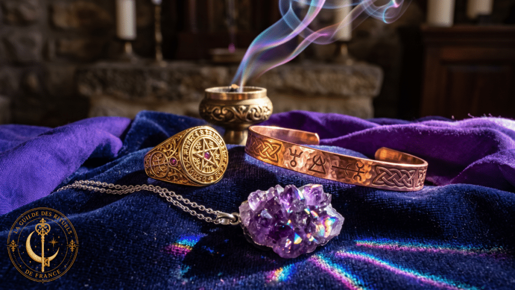 Consécration des bijoux et parures sacrées : anneaux sculptés, pendentif et bracelet sur un autel aux reflets lumineux.