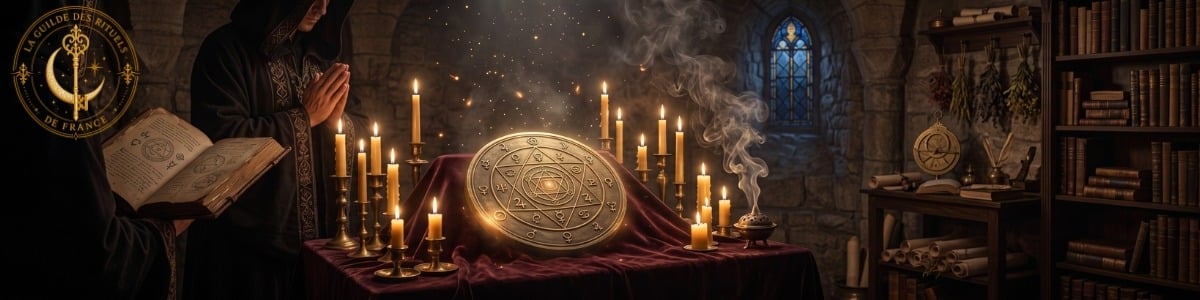 Bannière féerique montrant la consécration d'un talisman en laiton gravé de sceaux géométriques sur un autel.