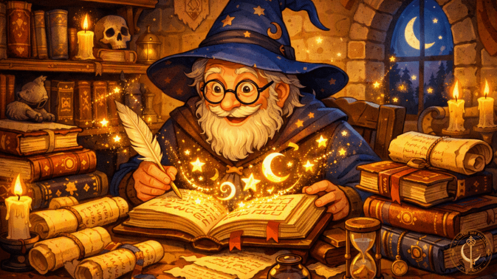 Illustration style dessin animé d'un vieux sage découvrant les secrets cachés d'un grimoire magique et ancien.
