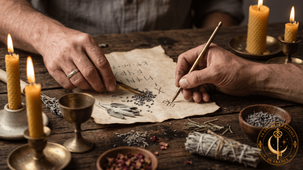 Mains accomplissant les gestes d'un déroulement cérémoniel rituel sur table de bois