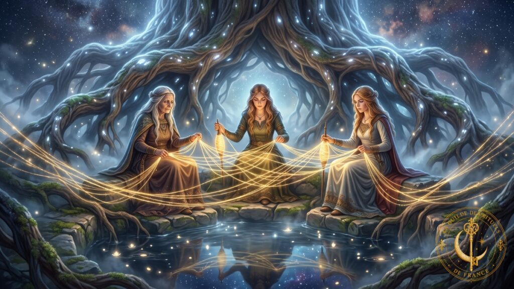 Mythologie nordique 2 Les trois Nornes tissant les fils dorés du destin au bord du puits d'Urd sous les racines lumineuses d'Yggdrasil.