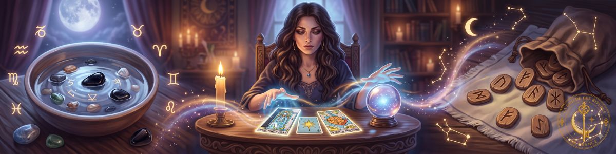 Bannière représentant l'art de la divination avec une boule de cristal, des cartes de tarot, des runes en bois et un bol de scrying sous la lumière de la lune.