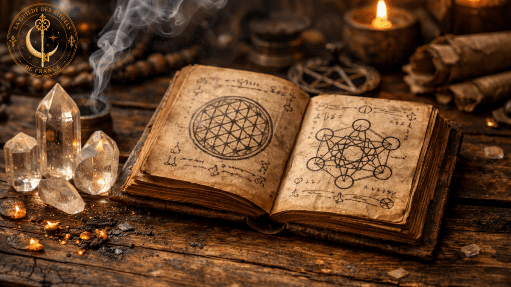 Énergies subtiles et art divinatoire : lecture des signes et symboles de l'invisible sur une table en bois.