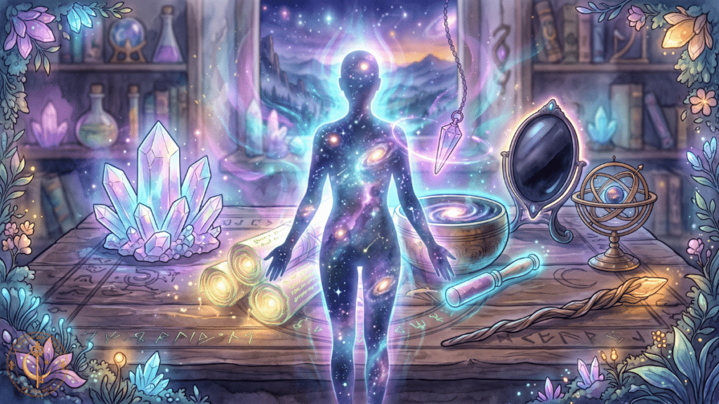 7 captivantes explorations ésotériques 3 Éveil intérieur transmutation conscience Illustration aquarelle pastel néon d'une silhouette humaine lumineuse s'ouvrant sur un univers étoilé, symbolisant la paix et l'éveil spirituel.