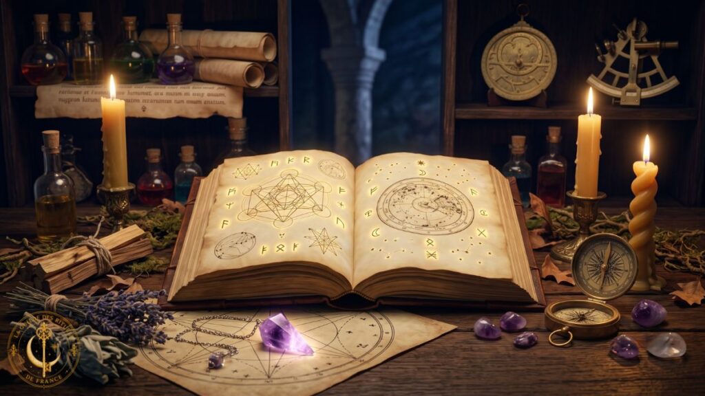 Explorations ésotériques 1 Explorations ésotériques Ancien grimoire ouvert aux pages éclairées sur une table en bois avec pendule, cristaux et objets rituels dans un cabinet de curiosités ésotérique.