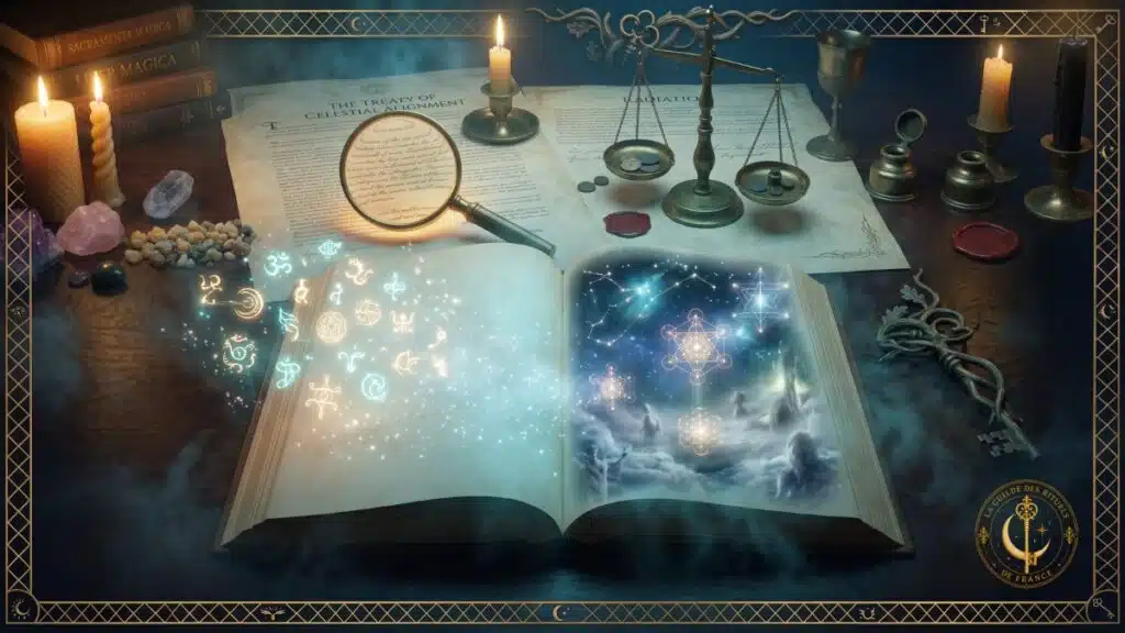 Divination Illustration poétique et mystique représentant les langages de l'invisible à travers des symboles et des reflets d'images qui parlent au-delà des mots.