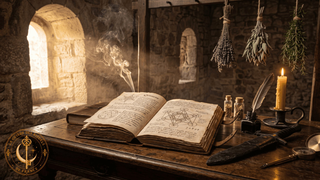 Outils 3 Outils rituels de transmission comprenant un grimoire ancien ouvert un athame et une plume sur pupitre en bois