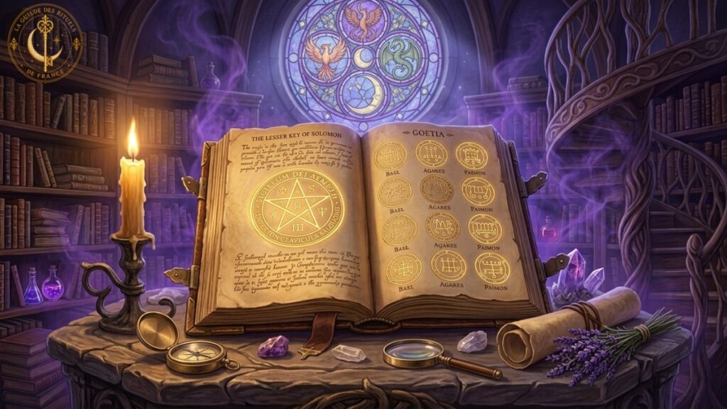 Grimoire historique ouvert révélant des pentacles et des sceaux planétaires lumineux gravés sur du parchemin ancien