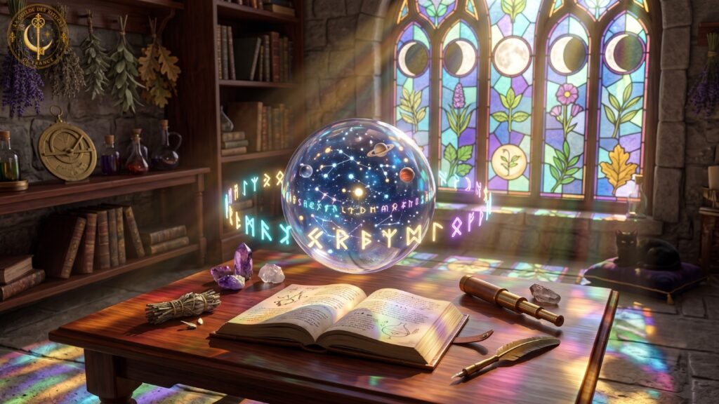Sphère céleste lumineuse entourée de runes flottantes au-dessus d'une table en bois éclairée par un vitrail aux phases lunaires.