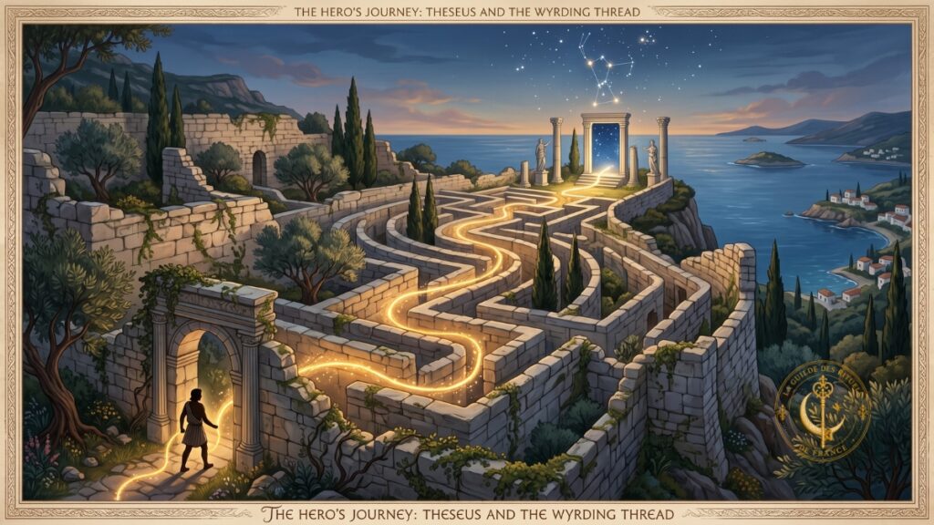Un fil d'or lumineux guidant le chemin à travers un labyrinthe de pierre antique vers une mer étoilée.