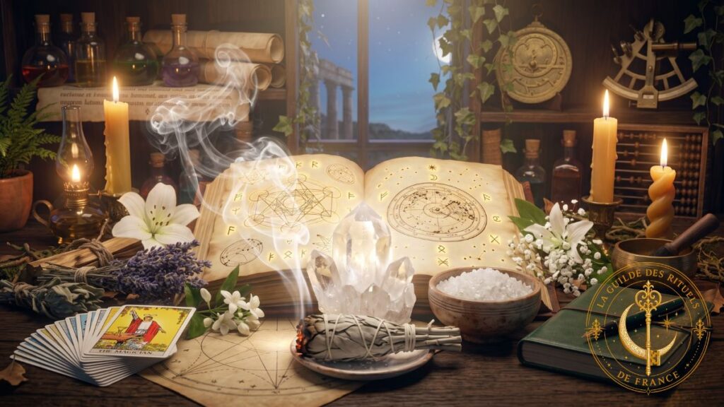 Magies 2 Fumée de sauge blanche rituelle, cristal de quartz et sel de purification sur une table en bois sous une lumière dorée et apaisante.