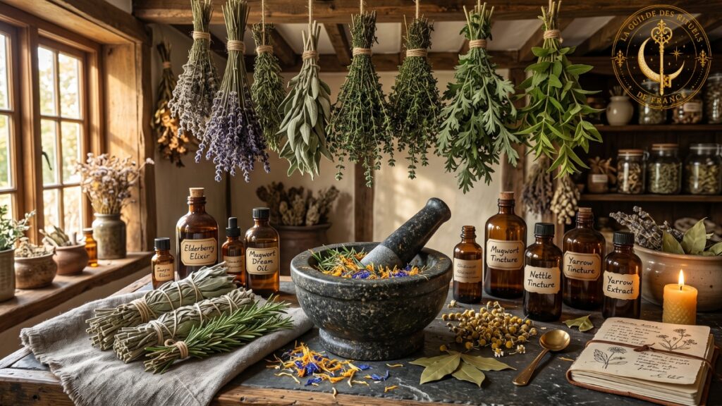 Ouvrages 3 Atelier d'herboristerie magique avec mortier en pierre, plantes médicinales séchées et fioles apothicaire en verre ambré.