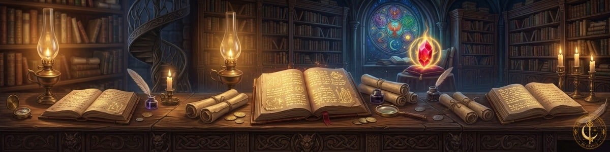Bannière féerique montrant des manuscrits anciens illuminés par une lumière dorée dans une bibliothèque mystique.