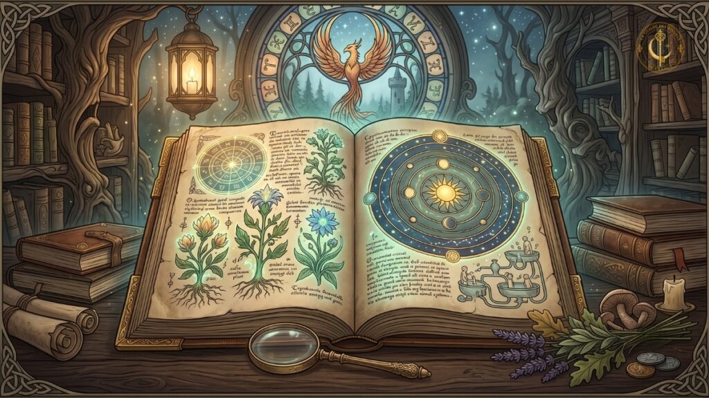 Manuscrit codé ancien ouvert montrant des dessins botaniques fantastiques et des symboles cryptés lumineux.