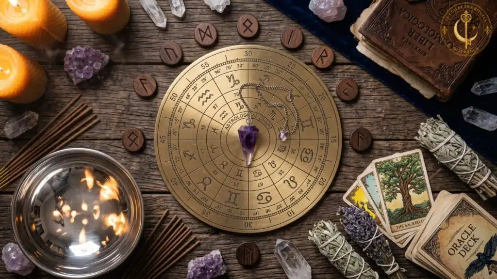 Méthodes de divination : ensemble d'outils divinatoires traditionnels avec runes gravées, pendule, roue astrologique en laiton.