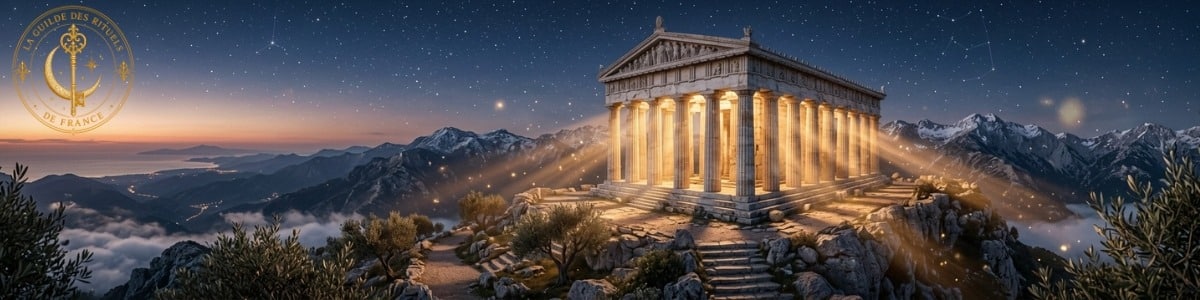 Bannière féerique montrant un temple grec antique en marbre au crépuscule sous un ciel étoilé.