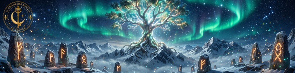 Bannière féerique montrant l'arbre cosmique Yggdrasil sous des aurores boréales étincelantes et un ciel étoilé.