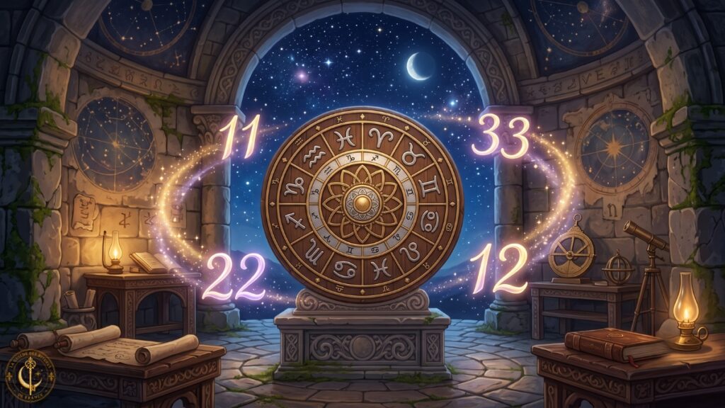 Symbolique des nombres en magie 2 Les nombres maîtres 11, 22, 33 et 12 rayonnant d'une lumière violette et dorée autour d'une roue zodiakale.