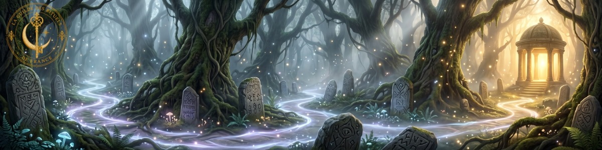 Bannière féerique montrant un chemin lumineux à travers une forêt enchantée vers un sanctuaire de sagesse.