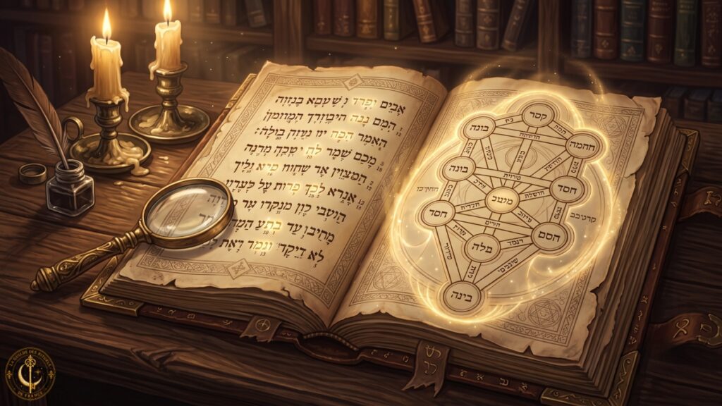 Symbolique des nombres en magie 3 Grimoire ancien ouvert montrant le schéma de l'Arbre de Vie et des lettres hébraïques lumineuses.