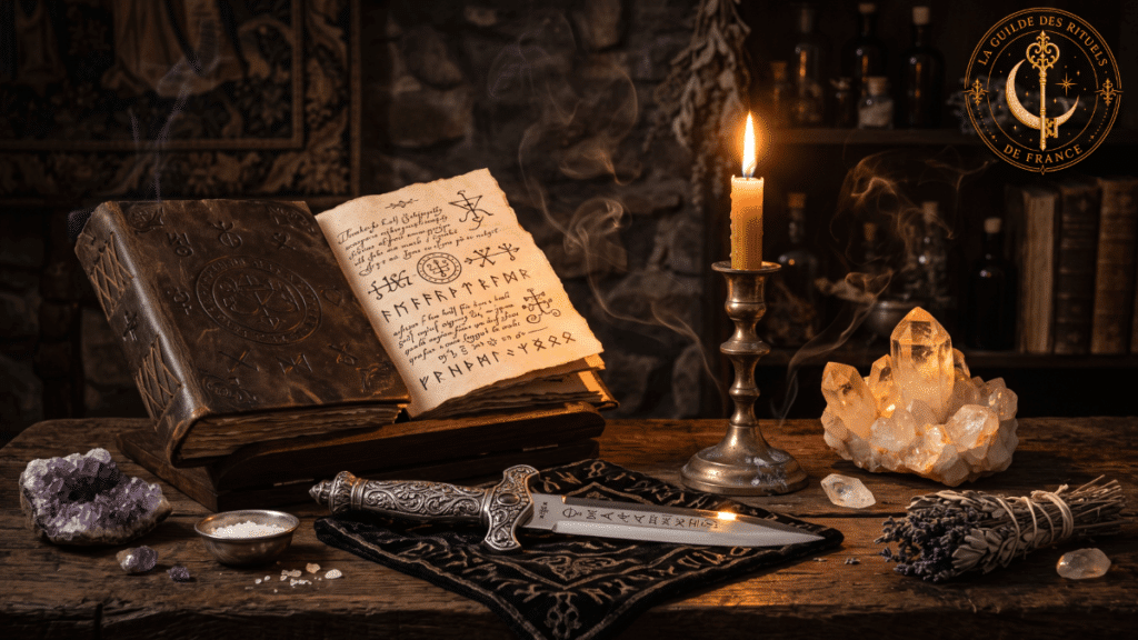 Objets magiques consacrés sur autel avec athamé bougie de cire naturelle et cristal de roche