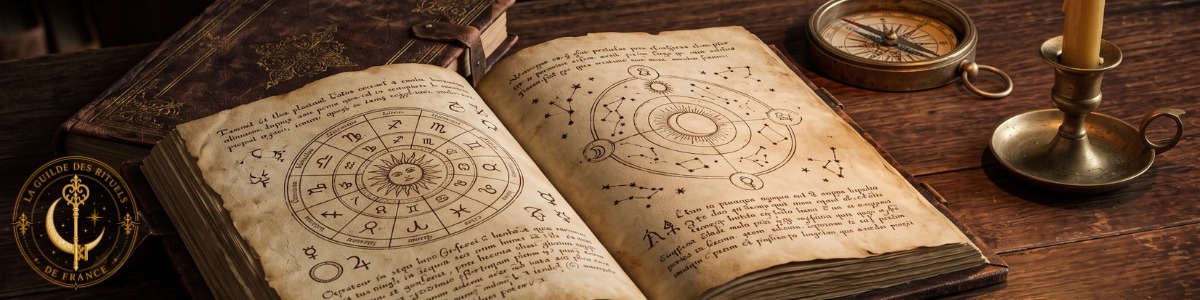 Ouvrages Grimoire ancien ouvert aux pages manuscrites entouré de symboles sacrés et d'une chandelle sur une table en bois sombre.