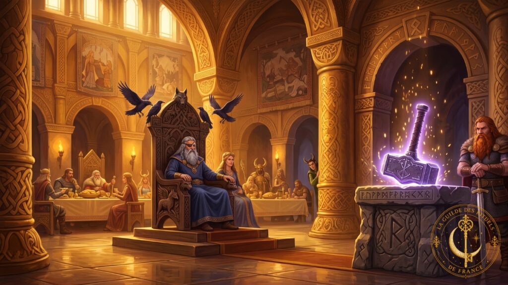 Mythologie nordique 1 Mythologie nordique Le trône d'Asgard avec les corbeaux d'Odin et le marteau lumineux Mjöllnir au cœur d'une grande salle dorée.