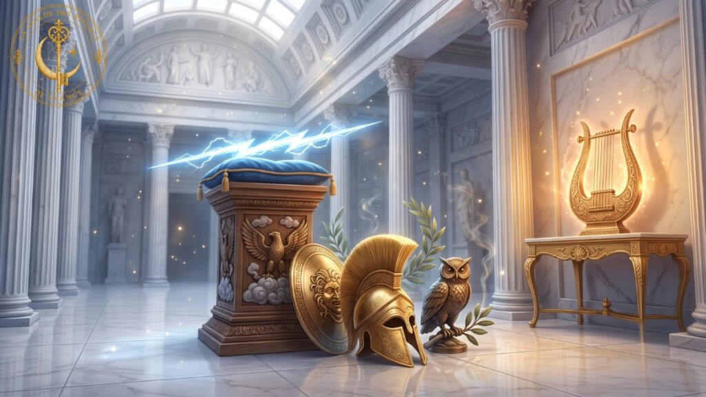 Mythologie grecque Les symboles divins de l'Olympe illuminés par des éclats d'or dans un sanctuaire de marbre.