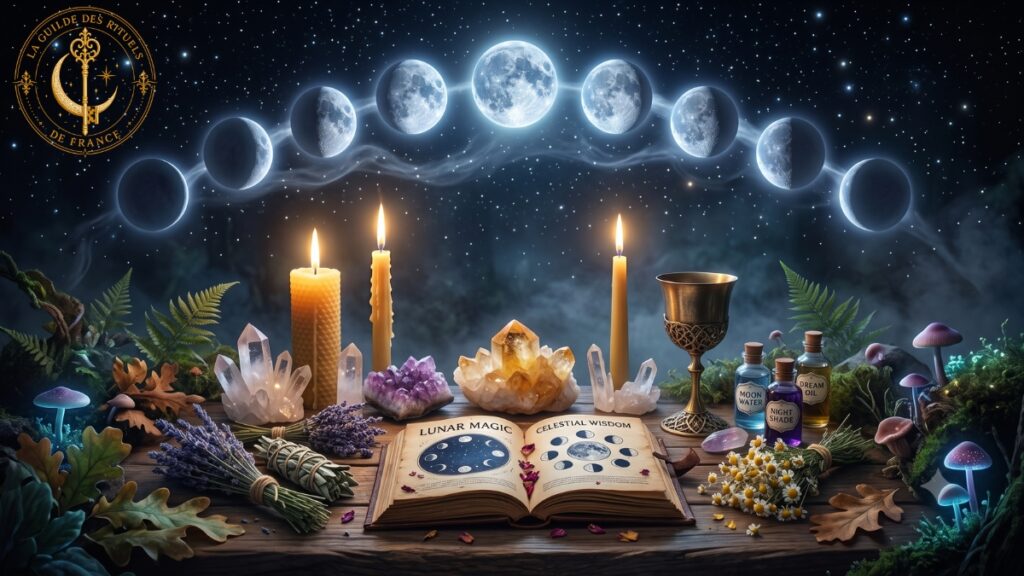 Calendrier spirituel et ésotérique Les phases de la lune suspendues dans le ciel au-dessus d'un autel rituel mystique éclairé par la bougie.