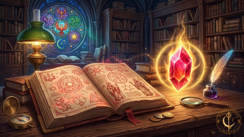 Les Secrets du Grand Œuvre Grimoire ancien ouvert à côté d'une Pierre Philosophale émettant un éclat rouge et or dans une bibliothèque gothique.