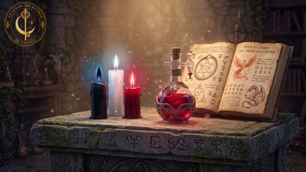 Symbolique des couleurs en magie pour choisir les bonnes teintes et amplifier chaque rituel avec un rayonnement puissant et harmonieux. Trois bougies noire, blanche et rouge alignées sur un autel en pierre à côté d'un grimoire d'alchimie.