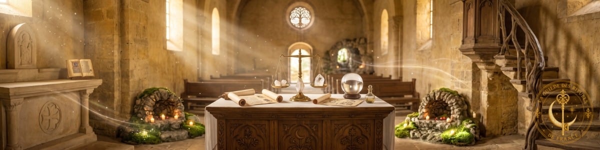 Bannière féerique montrant un sanctuaire baigné d'une lumière dorée avec une balance en cristal et des grimoires anciens.