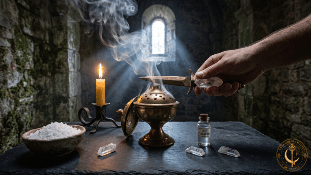 Outils 1 Purification d outils rituels et d un athame par la fumée d encens et le sel sur table sacrée