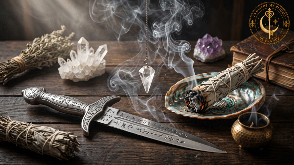Purification des objets magiques par la fumigation de sauge blanche et encens sur un autel.
