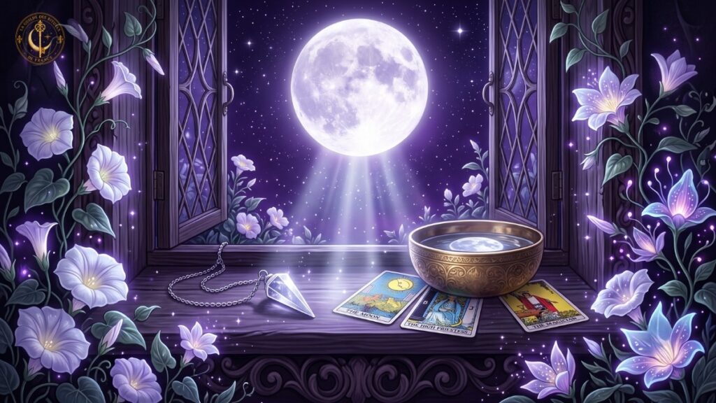 Purification des objets Pendule en quartz et cartes de tarot baignés par la lumière argentée de la Pleine Lune sur un rebord de fenêtre en bois.
