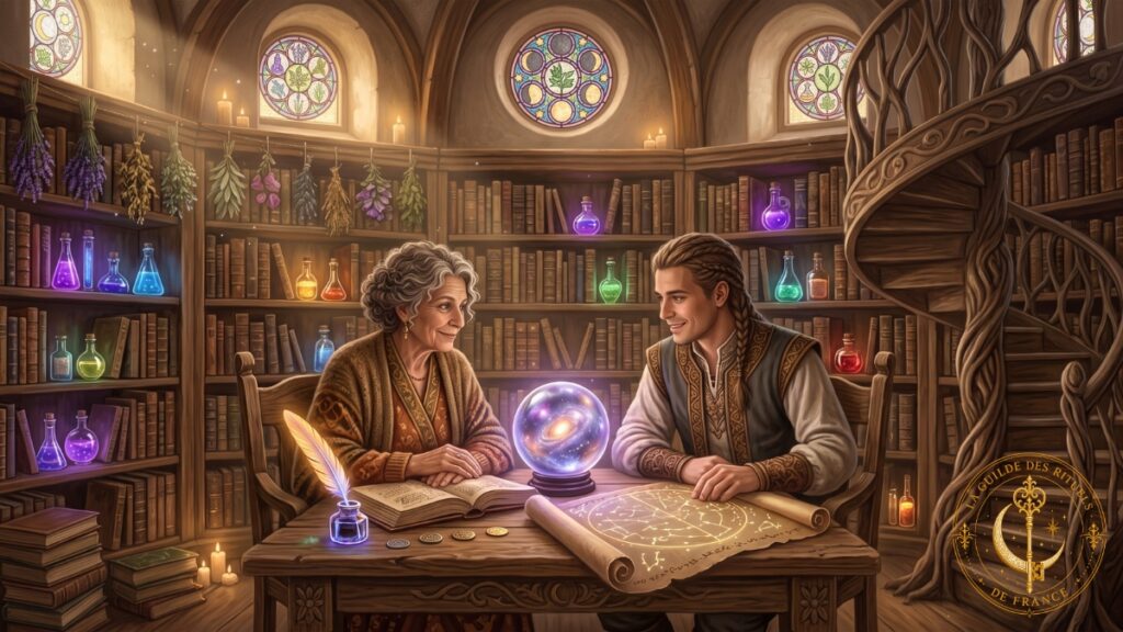 Notre mission Deux personnes échangeant autour d'une carte céleste et d'un cristal lumineux dans une bibliothèque magique.