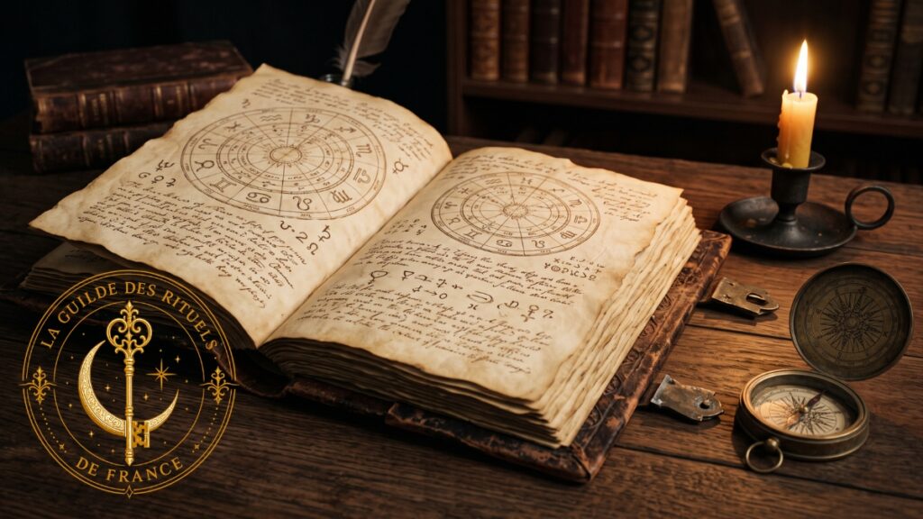 Ouvrages 1 Cabinet d'étude ésotérique du XIXe siècle avec reliures en cuir doré, tarot ancien et instruments en laiton.