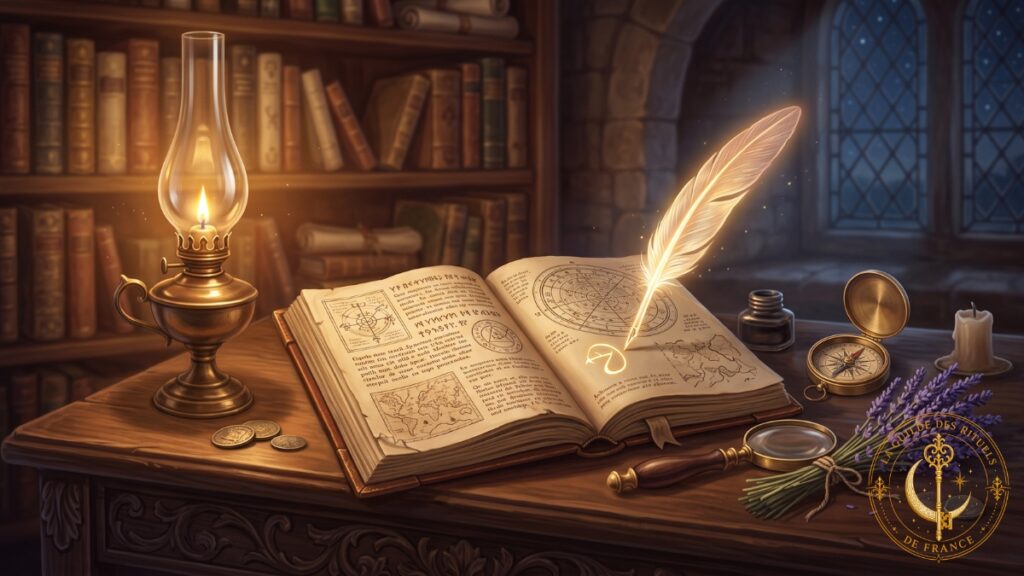 Notre équipe 1 Plume d'écriture lumineuse traçant des symboles dorés dans un manuscrit ancien sur un bureau en chêne éclairé à la lampe.