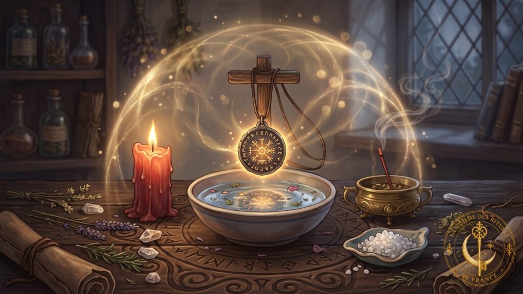 Consécration des amulettes amulette en fer suspendue au-dessus des quatre éléments émettant une aura de protection lumineuse.