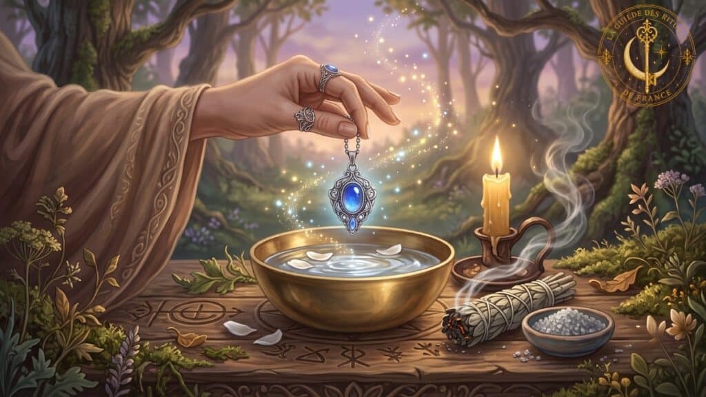 Consécration des bijoux Pendentif en argent tenu au-dessus de l'eau de source, du sel et de la fumée de sauge lors d'un rituel des quatre éléments.