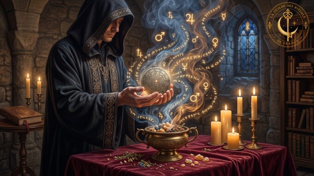 Talismans en métal tenu au-dessus d'un encensoir fumant émettant des symboles planétaires dorés Le Rituel Hermétique.