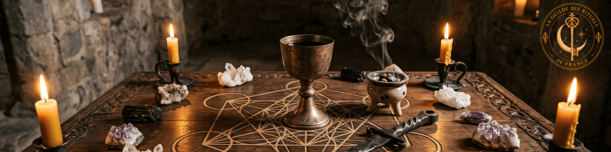 Autel de rituels magiques avec calice, athamé et bougies dans un sanctuaire en pierre