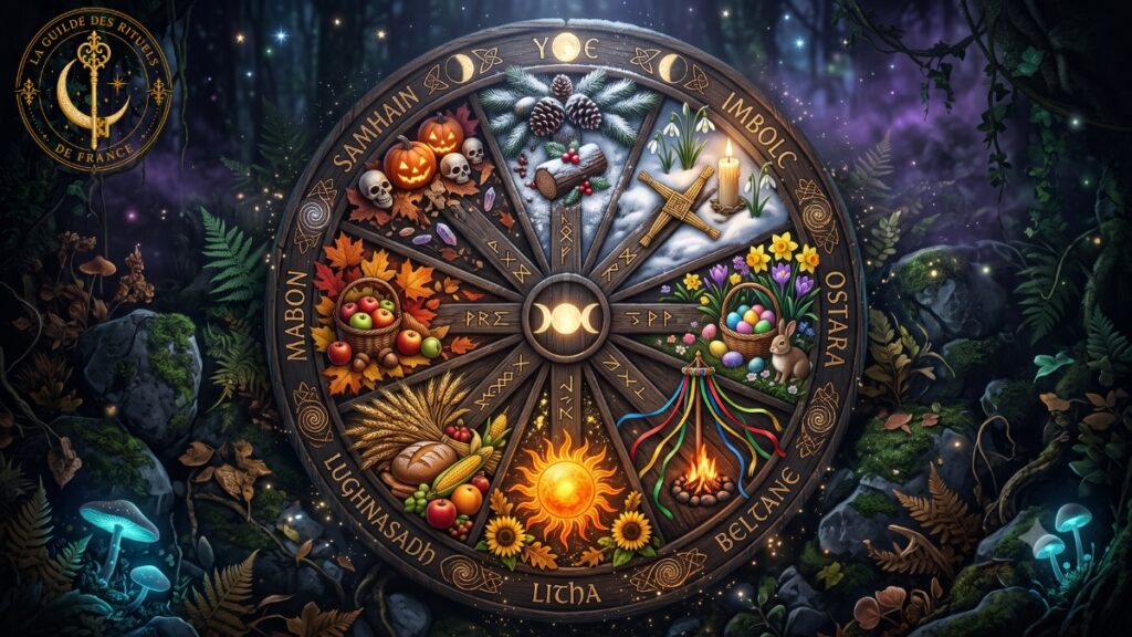 Illustration symbolique de la Roue de l'Année wiccane représentant les huit sabbats et les cycles saisonniers.