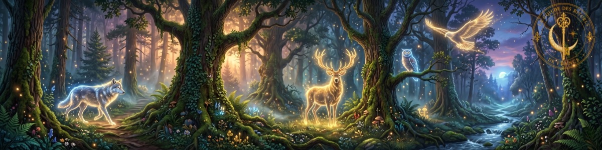 Bannière féerique montrant des esprits animaux lumineux dans une forêt ancienne au crépuscule.