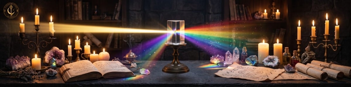 Bannière féerique montrant un faisceau de lumière dorée se décomposant en un arc-en-ciel de rayons magiques sur un autel.