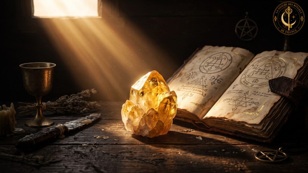 Quelle est la symbolique spirituelle du jaune ? Rayon de soleil doré illuminant une citrine brute et un manuscrit ancien sur un autel en bois sombre.